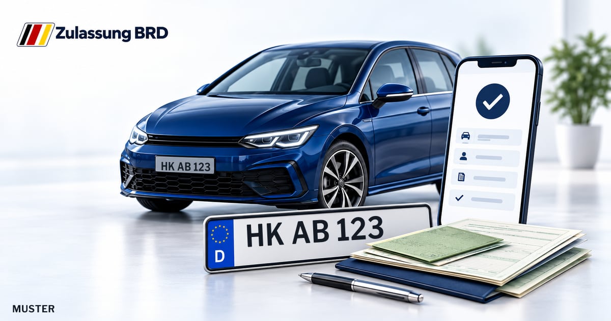 Online Fahrzeugzulassung in Heidekreis: Musterkennzeichen HK AB 123, Auto und Fahrzeugpapiere und Smartphone. Illustration mit Logo von Zulassung BRD.